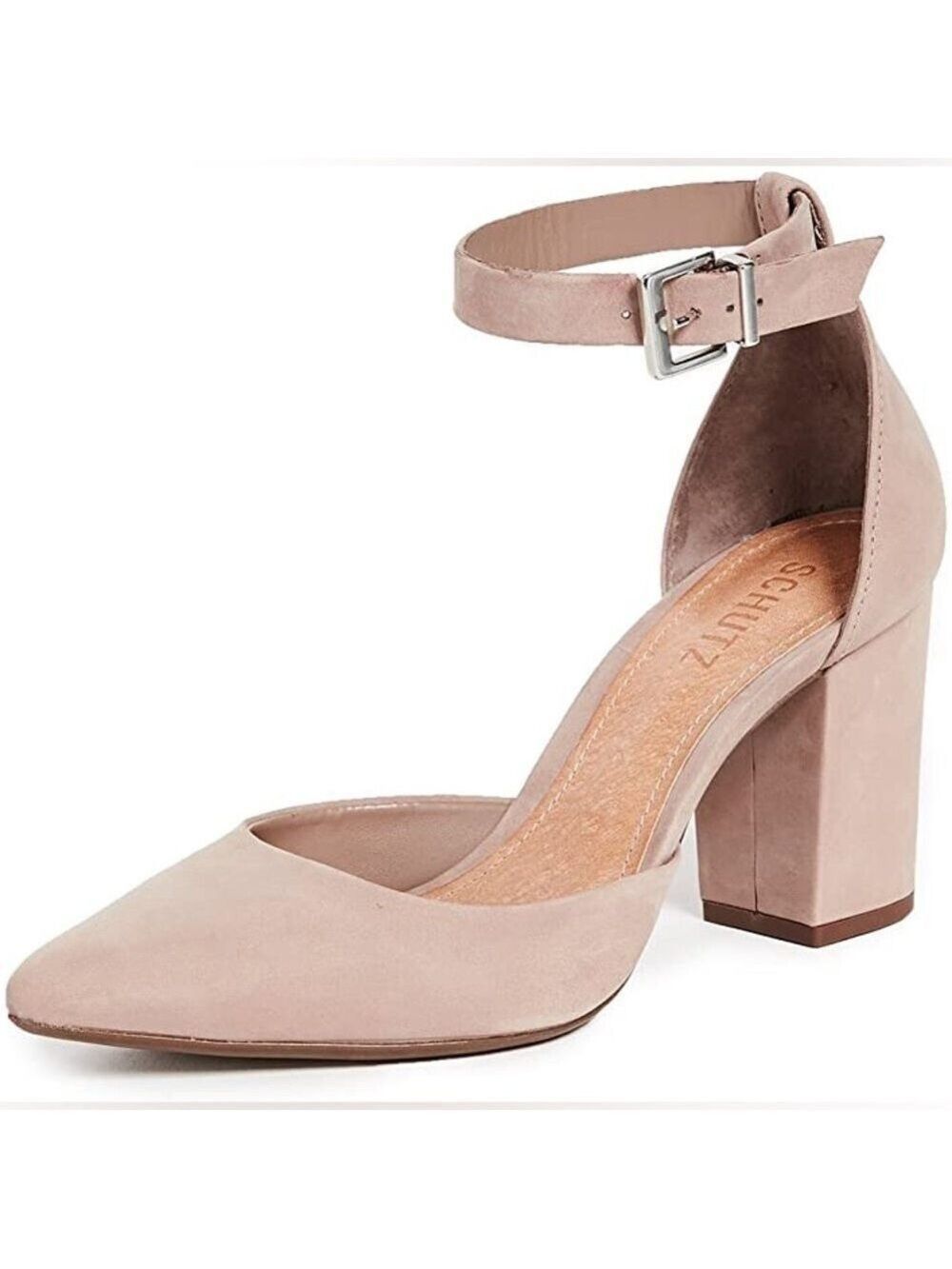 Schutz Ionara Nude Nubuck Ankle Strap Pointed Toe Block Heel Neutral Pumps